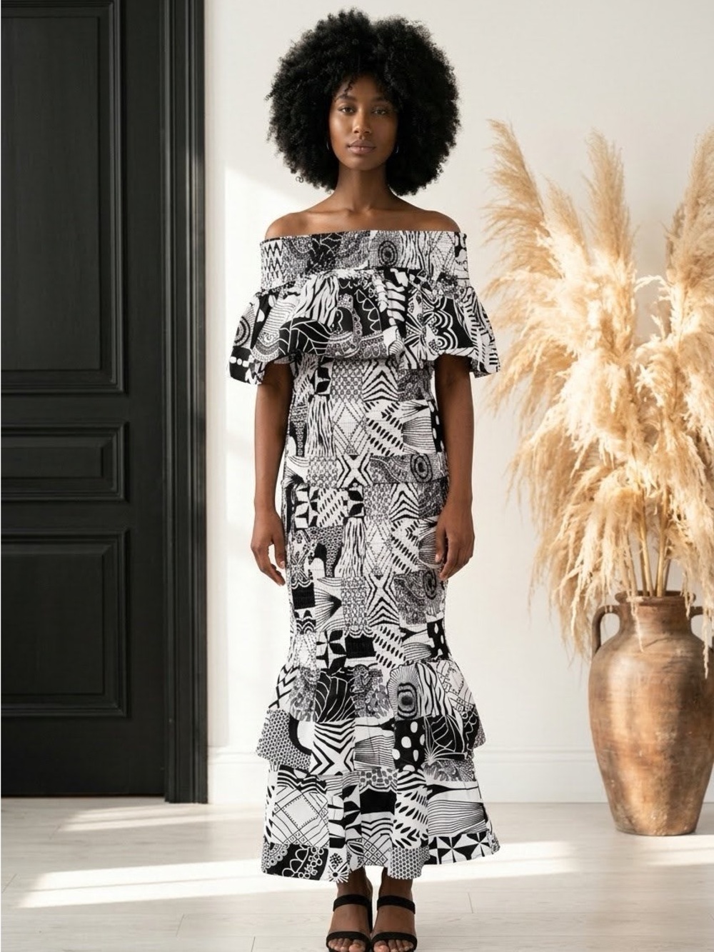 Women Smocked Skirt & Blouse Set-Black/White